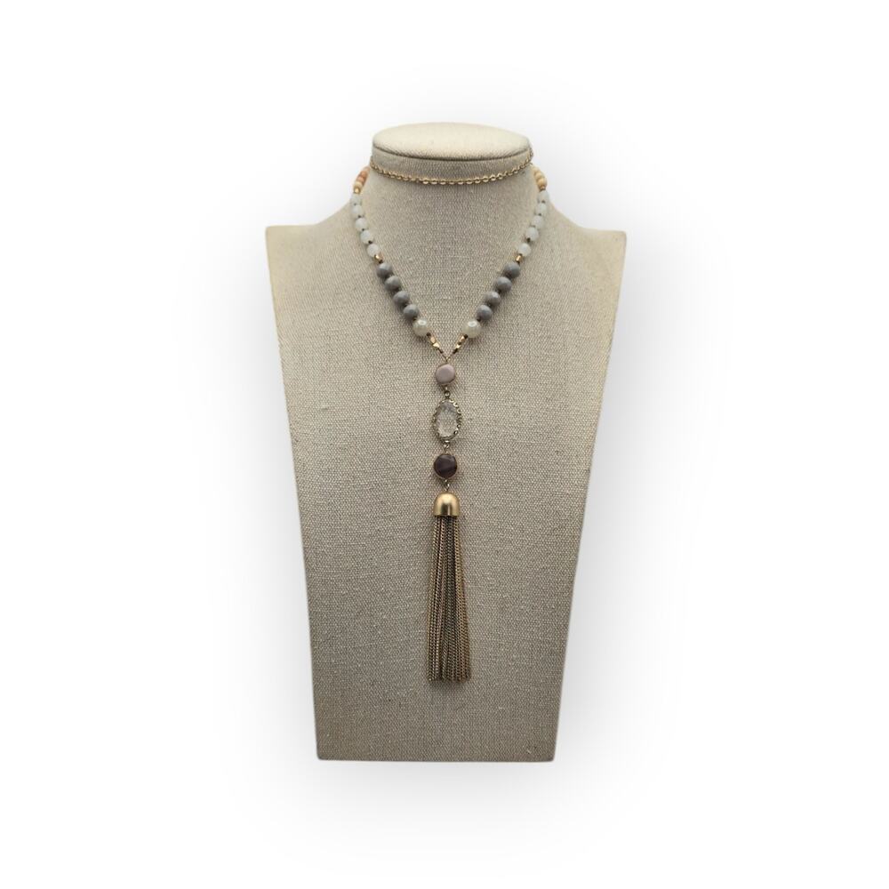 Loft Beaded Tassel Necklace Gold Gray Beads Statement Jewelry - Picture 3 of 8